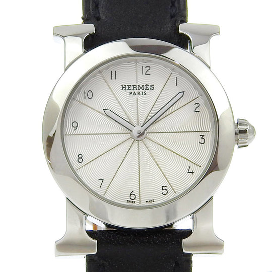 HERMES Watches Quartz HR1.210 Stainless Steel , Embossed Leather Silver H watch Rondo Silver dial Women Used Authentic