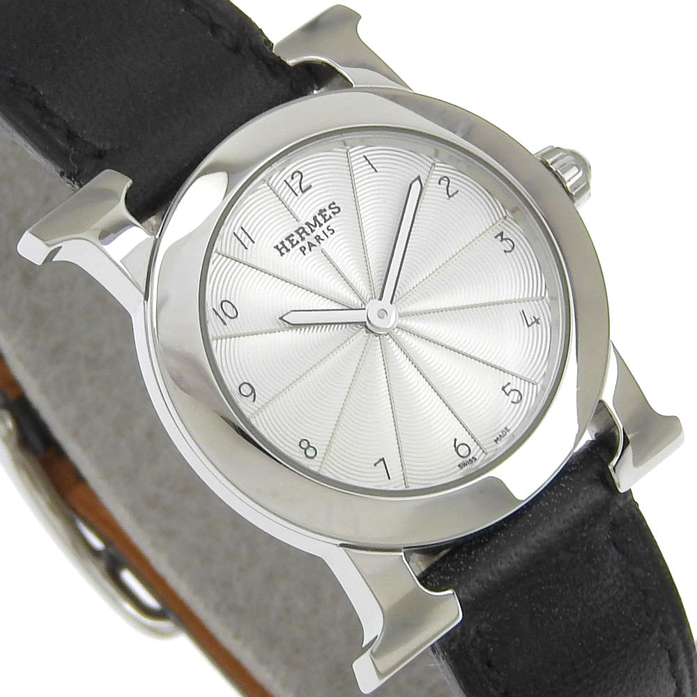 HERMES Watches Quartz HR1.210 Stainless Steel , Embossed Leather Silver H watch Rondo Silver dial Women Used Authentic