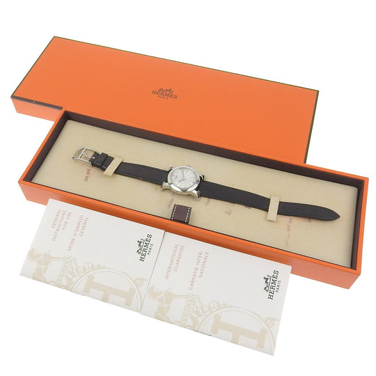 HERMES Watches Quartz HR1.210 Stainless Steel , Embossed Leather Silver H watch Rondo Silver dial Women Used Authentic