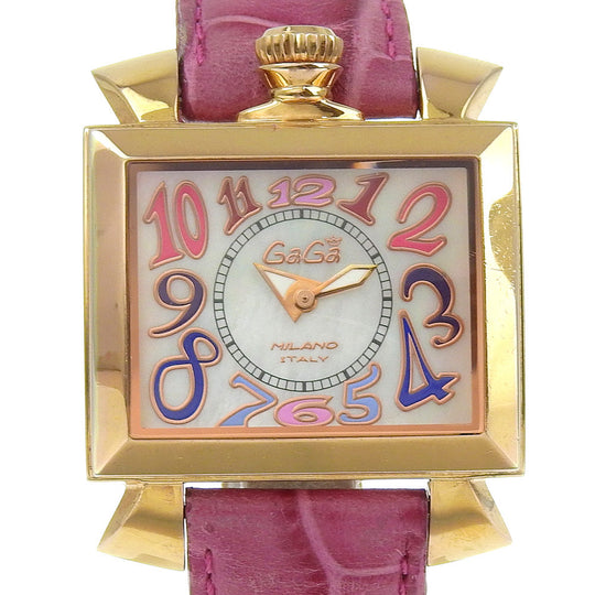 Gaga Milano Watches Quartz Plated Gold, embossed leather pink Napoleon White shell dial Women Used Authentic