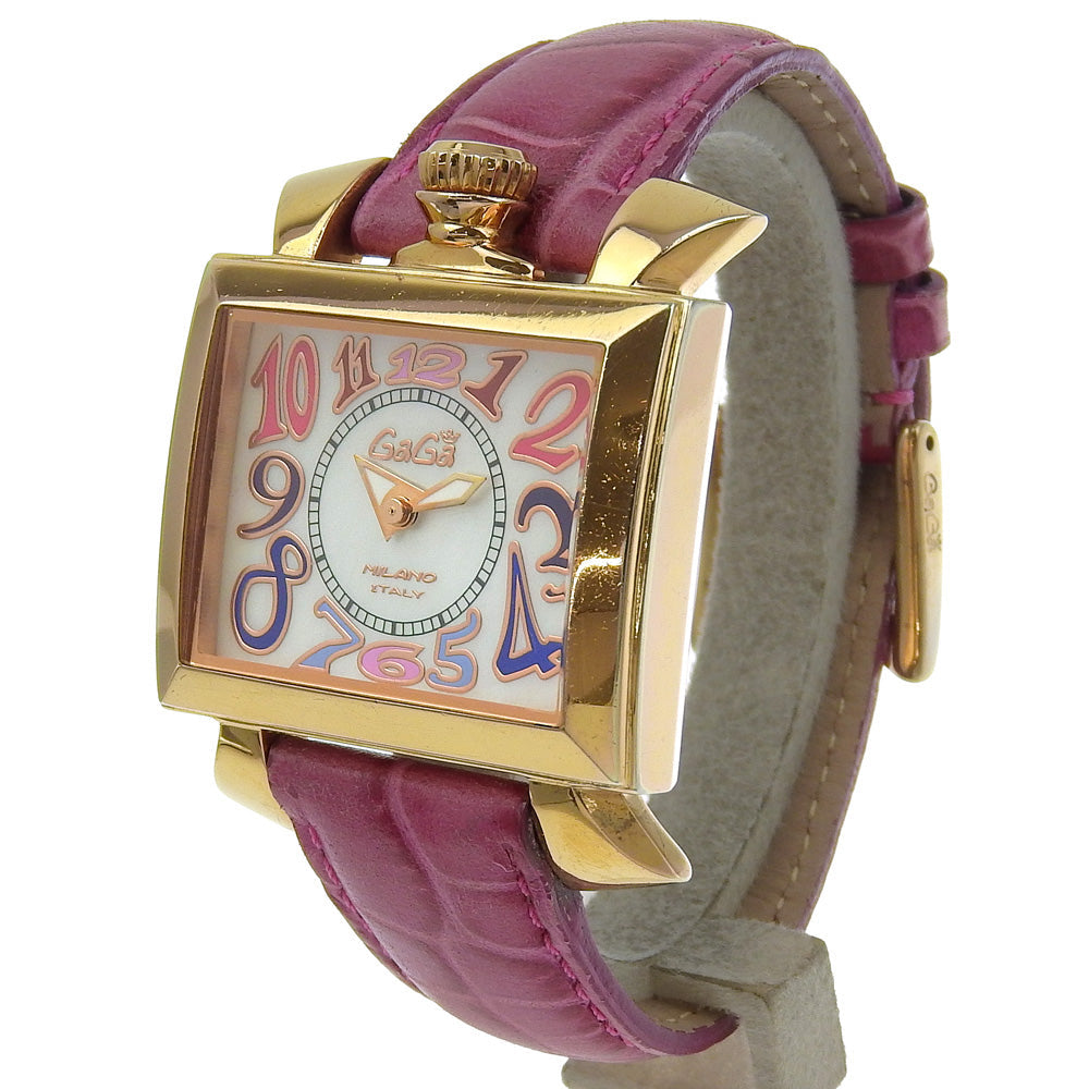 Gaga Milano Watches Quartz Plated Gold, embossed leather pink Napoleon White shell dial Women Used Authentic