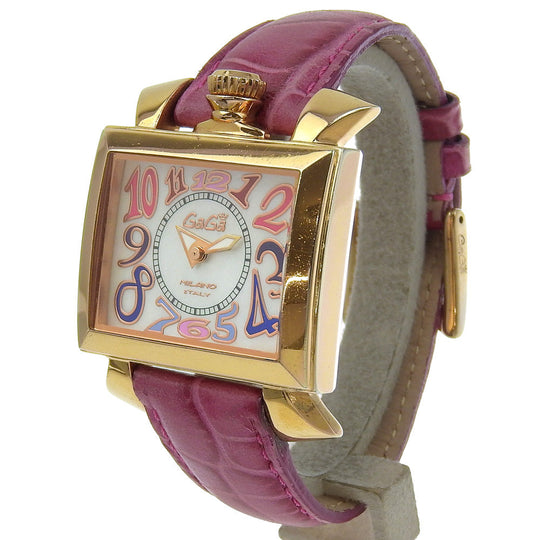 Gaga Milano Watches Quartz Plated Gold, embossed leather pink Napoleon White shell dial Women Used Authentic