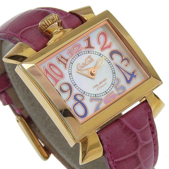 Gaga Milano Watches Quartz Plated Gold, embossed leather pink Napoleon White shell dial Women Used Authentic