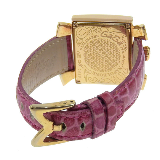 Gaga Milano Watches Quartz Plated Gold, embossed leather pink Napoleon White shell dial Women Used Authentic