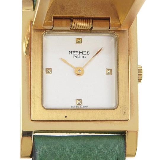 HERMES Watches Quartz Plated Gold , Leather green Medor White dial Women Used Authentic