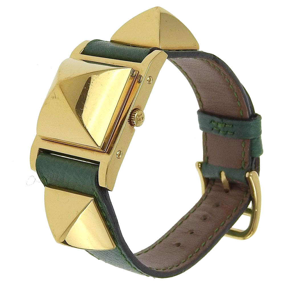 HERMES Watches Quartz Plated Gold , Leather green Medor White dial Women Used Authentic