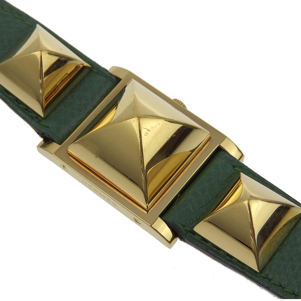 HERMES Watches Quartz Plated Gold , Leather green Medor White dial Women Used Authentic