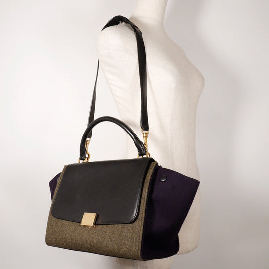 CELINE Handbag Felt, Calfskin Black / grey Trapeze Women Used Authentic