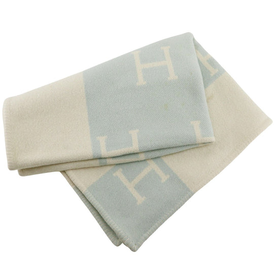 HERMES Other accessories Cashmere, Wool White / light blue Blanket Swaddling Baby Plaid Avalon Kids(Unisex) Used Authentic