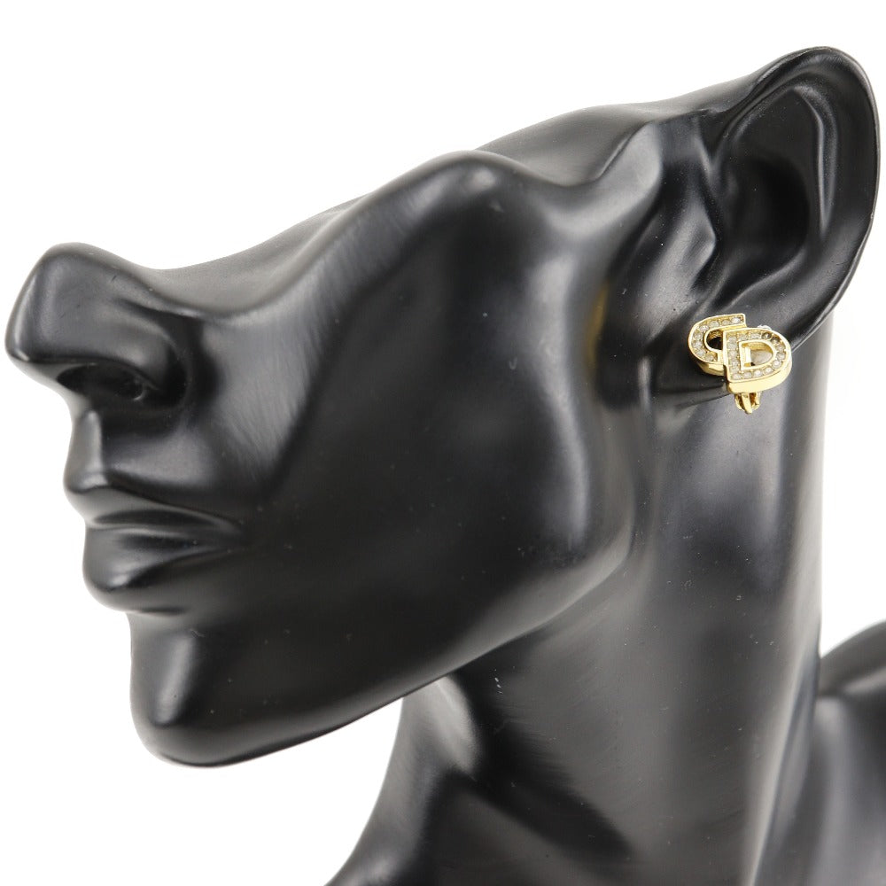 Christian Dior Earring Plated Gold, Rhinestones gold CD logo Women Used Authentic