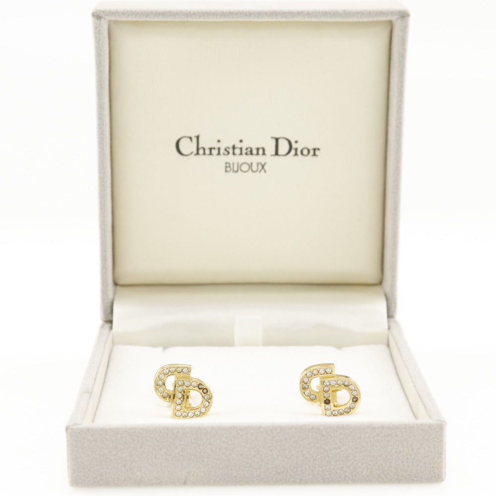 Christian Dior Earring Plated Gold, Rhinestones gold CD logo Women Used Authentic