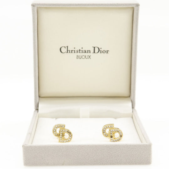 Christian Dior Earring Plated Gold, Rhinestones gold CD logo Women Used Authentic