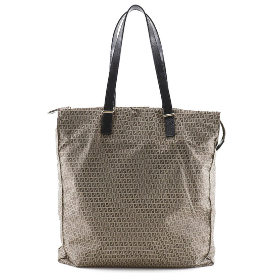 FENDI Tote Bag Nylon, Calfskin Brown micro zucchini Women Used Authentic