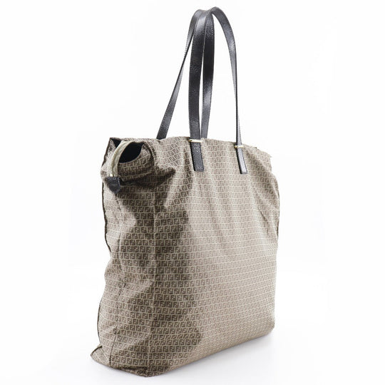 FENDI Tote Bag Nylon, Calfskin Brown micro zucchini Women Used Authentic