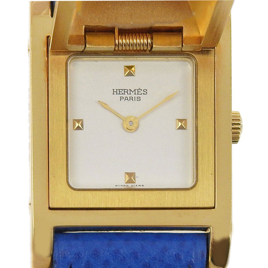 HERMES Watches Quartz Plated Gold, embossed leather gold Medor White dial Women Used Authentic