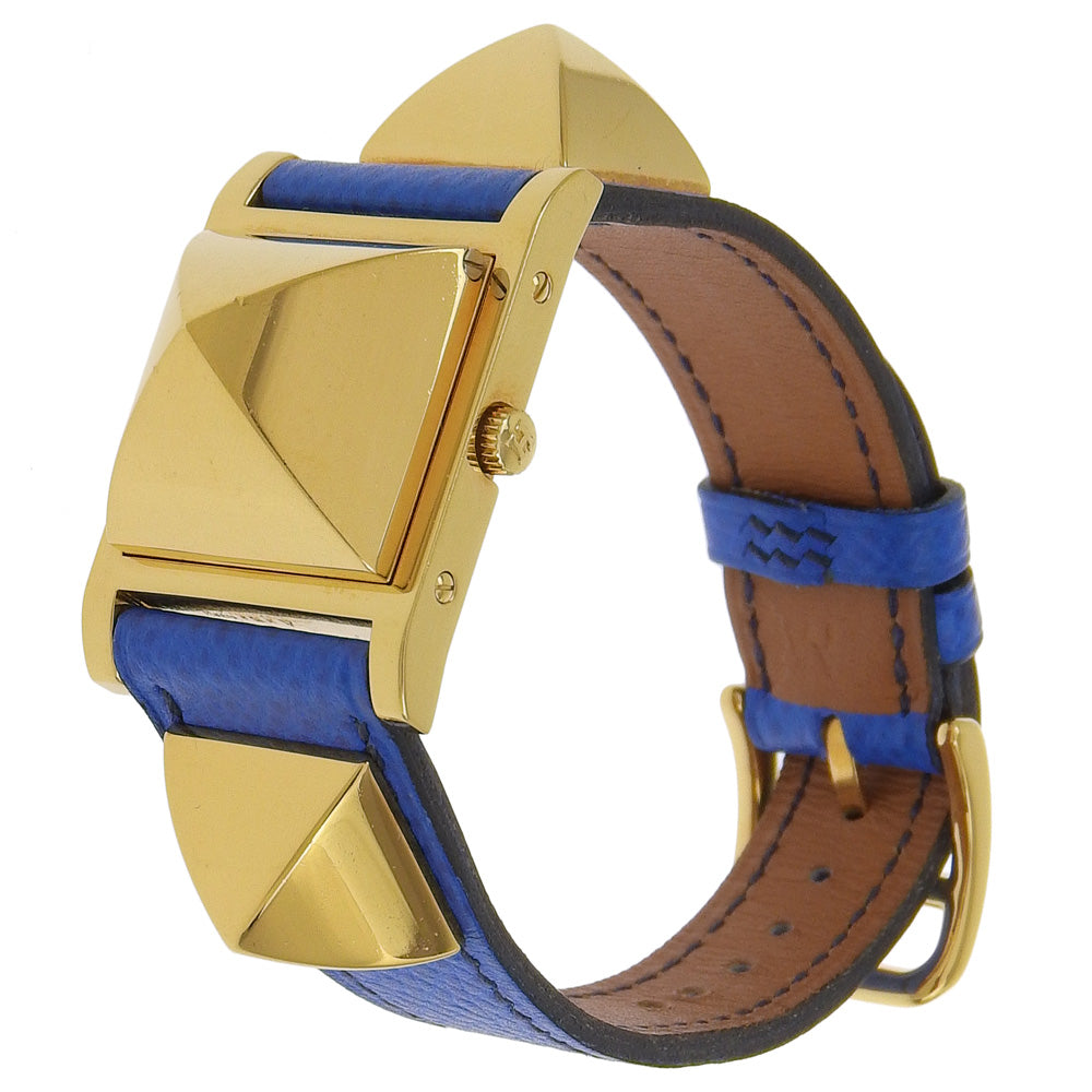 HERMES Watches Quartz Plated Gold, embossed leather gold Medor White dial Women Used Authentic