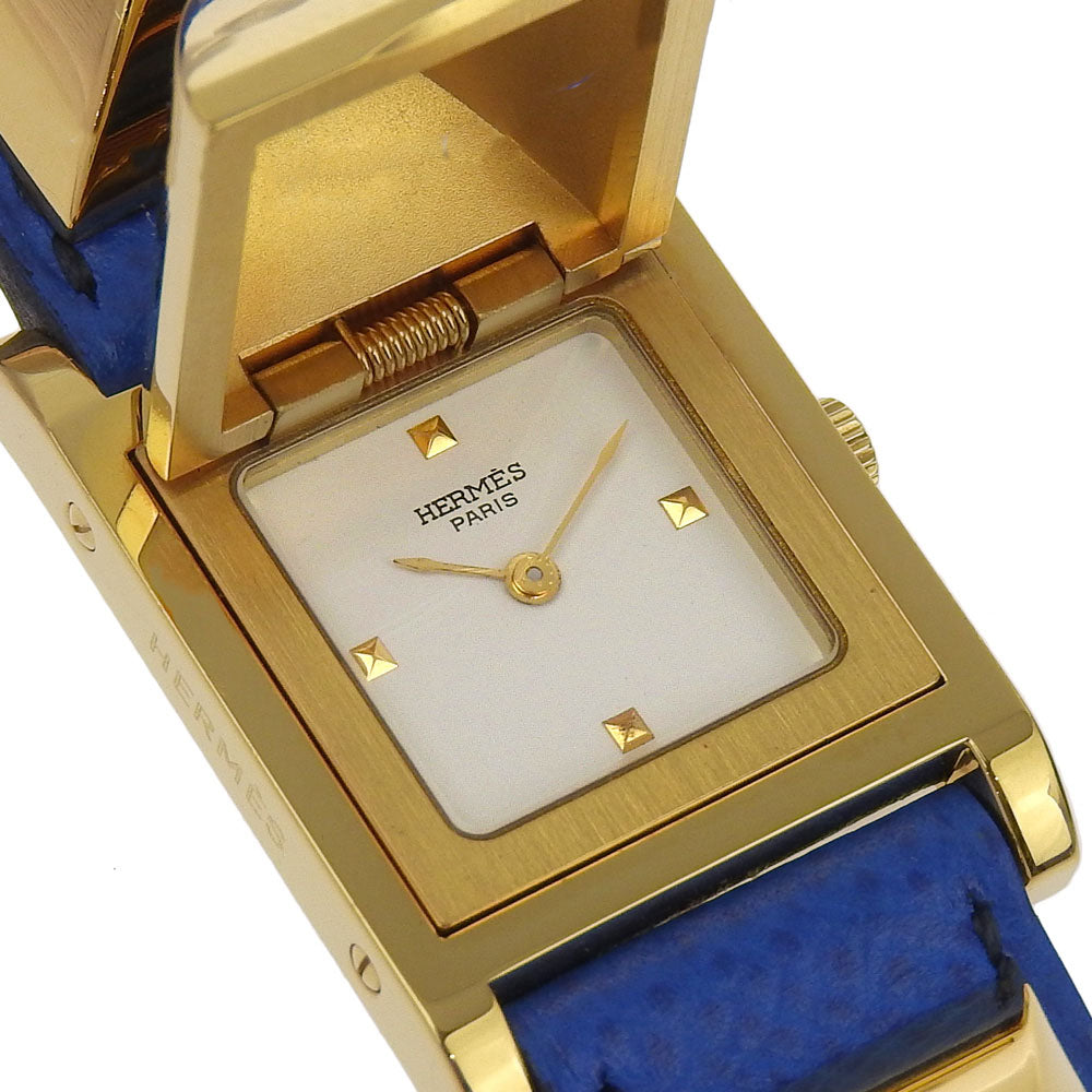 HERMES Watches Quartz Plated Gold, embossed leather gold Medor White dial Women Used Authentic