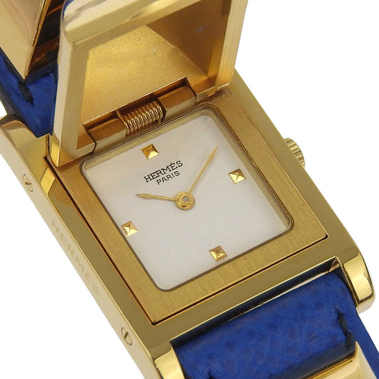 HERMES Watches Quartz Plated Gold, embossed leather gold Medor White dial Women Used Authentic