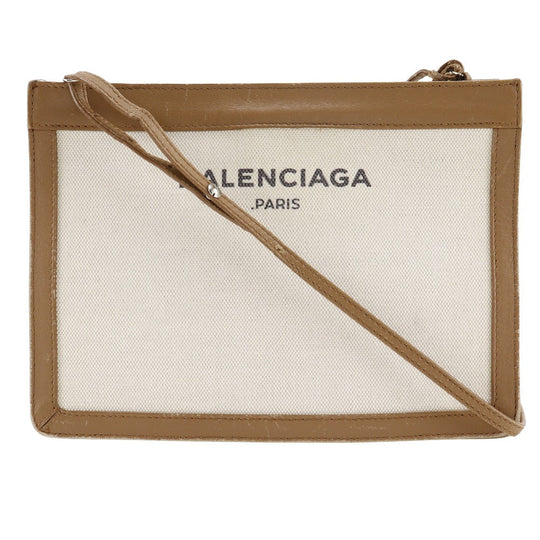 BALENCIAGA Shoulder Bag 339937 Canvas, Leather Brown Navy Pochette Women Used Authentic