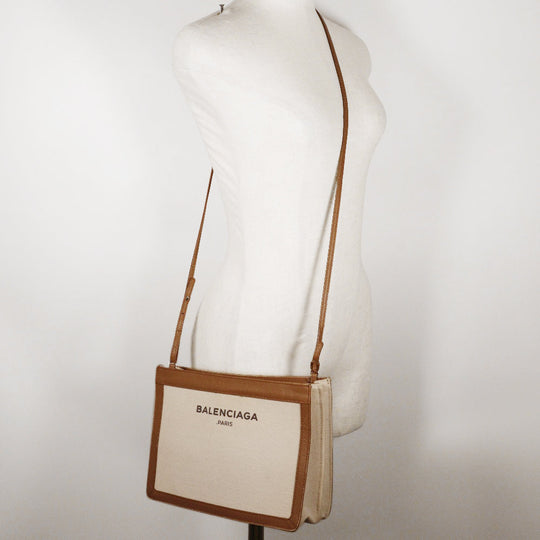BALENCIAGA Shoulder Bag 339937 Canvas, Leather Brown Navy Pochette Women Used Authentic