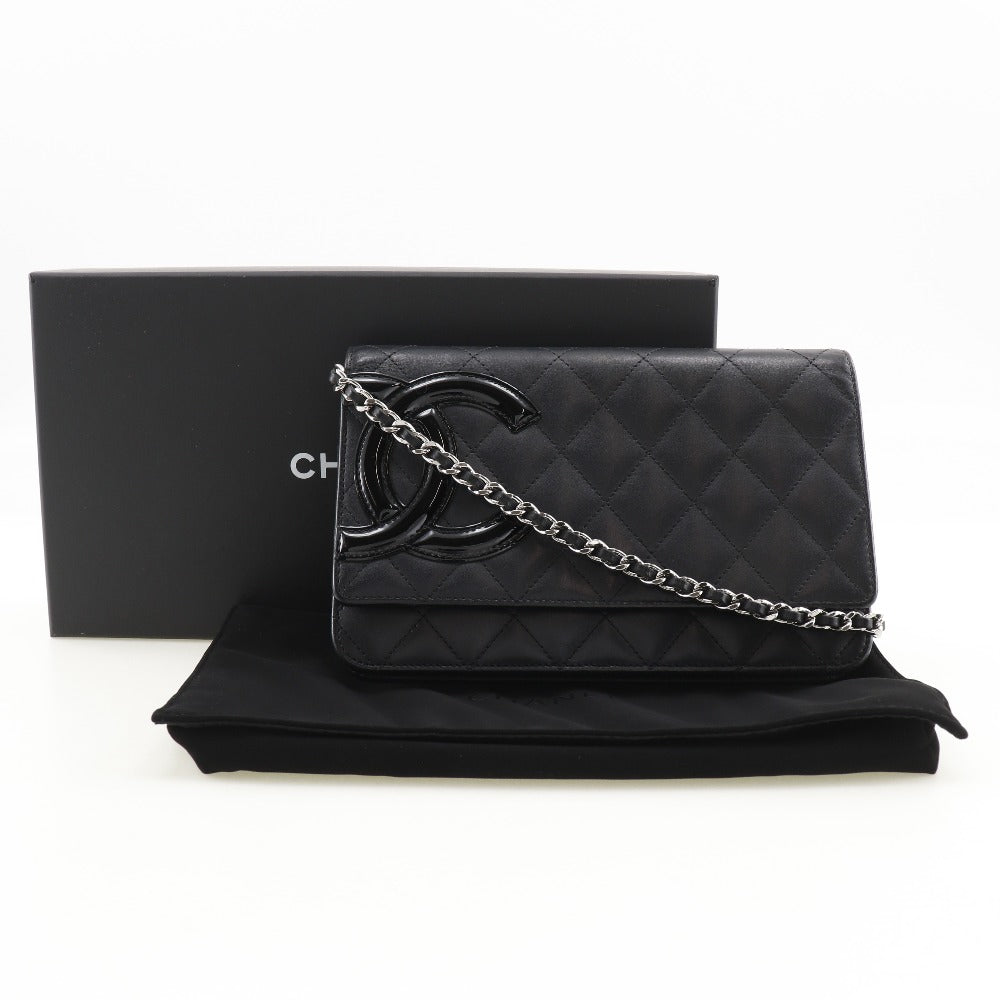 CHANEL Long Wallet Purse A46646 Calfskin, enamel black Cambon line Chain wallet Women Used Authentic