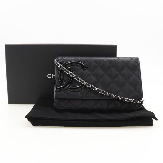 CHANEL Long Wallet Purse A46646 Calfskin, enamel black Cambon line Chain wallet Women Used Authentic