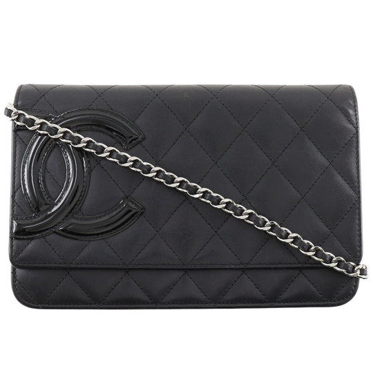 CHANEL Long Wallet Purse A46646 Calfskin, enamel black Cambon line Chain wallet Women Used Authentic