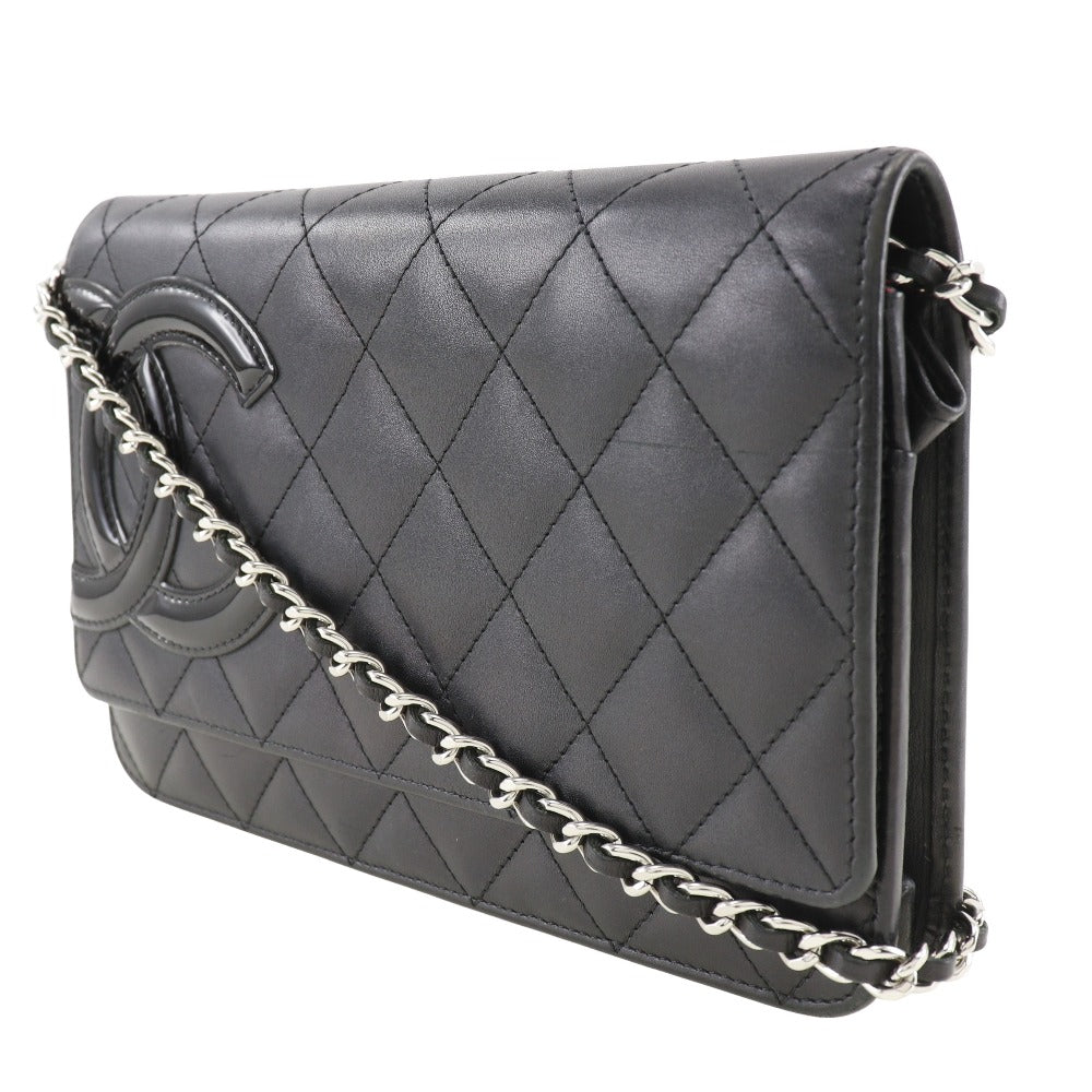 CHANEL Long Wallet Purse A46646 Calfskin, enamel black Cambon line Chain wallet Women Used Authentic
