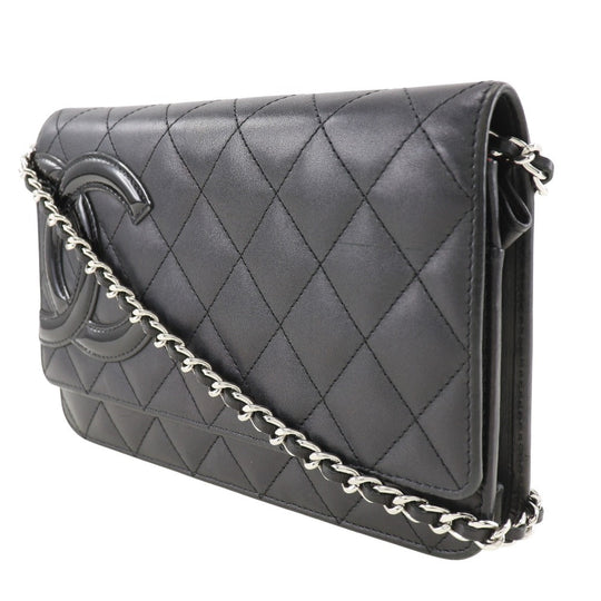 CHANEL Long Wallet Purse A46646 Calfskin, enamel black Cambon line Chain wallet Women Used Authentic