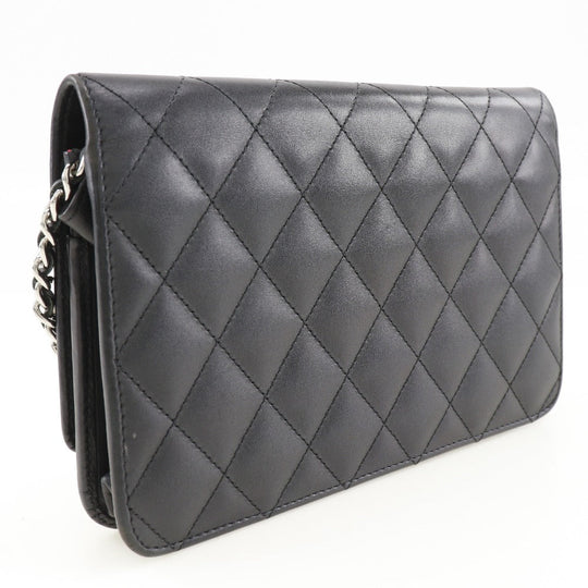 CHANEL Long Wallet Purse A46646 Calfskin, enamel black Cambon line Chain wallet Women Used Authentic