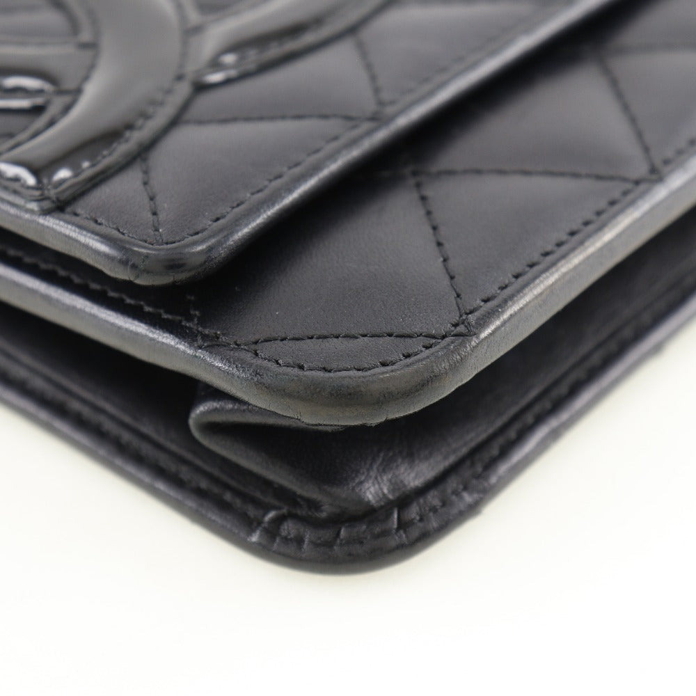 CHANEL Long Wallet Purse A46646 Calfskin, enamel black Cambon line Chain wallet Women Used Authentic