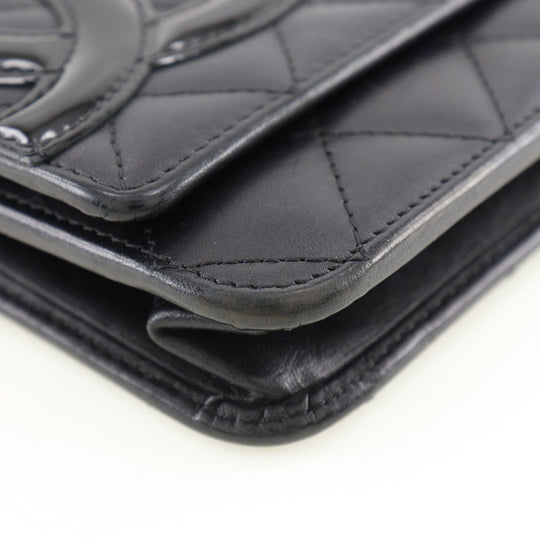 CHANEL Long Wallet Purse A46646 Calfskin, enamel black Cambon line Chain wallet Women Used Authentic