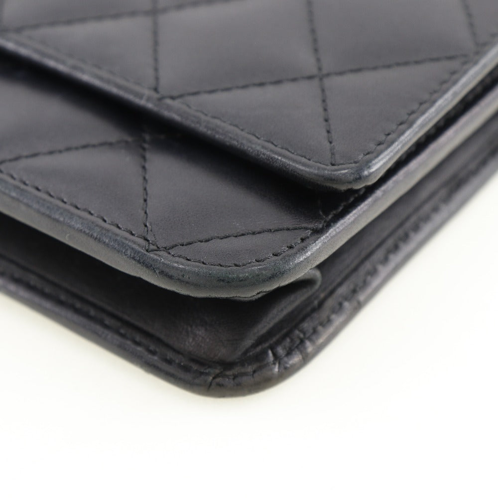 CHANEL Long Wallet Purse A46646 Calfskin, enamel black Cambon line Chain wallet Women Used Authentic