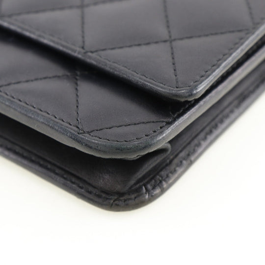 CHANEL Long Wallet Purse A46646 Calfskin, enamel black Cambon line Chain wallet Women Used Authentic