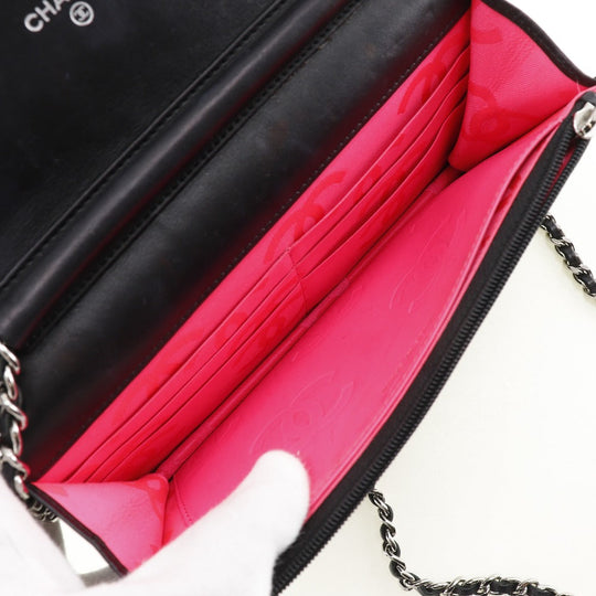 CHANEL Long Wallet Purse A46646 Calfskin, enamel black Cambon line Chain wallet Women Used Authentic
