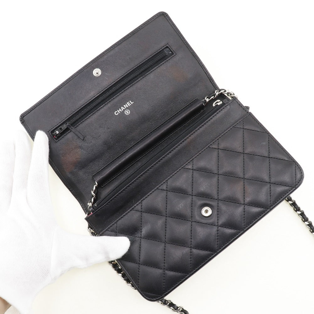 CHANEL Long Wallet Purse A46646 Calfskin, enamel black Cambon line Chain wallet Women Used Authentic