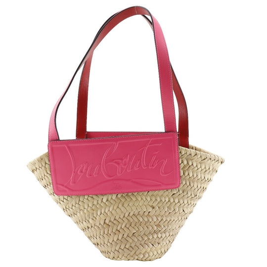 Christian Louboutin Tote Bag Raffia, Leather pink Basket bag LOUBISHORE Small Women Used Authentic
