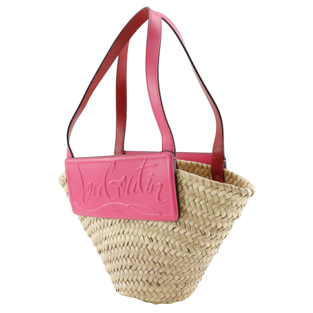 Christian Louboutin Tote Bag Raffia, Leather pink Basket bag LOUBISHORE Small Women Used Authentic