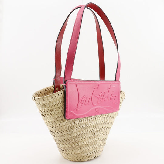 Christian Louboutin Tote Bag Raffia, Leather pink Basket bag LOUBISHORE Small Women Used Authentic