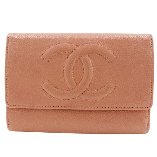 CHANEL Tri-fold wallet Caviar skin pink COCO Mark Women Used Authentic
