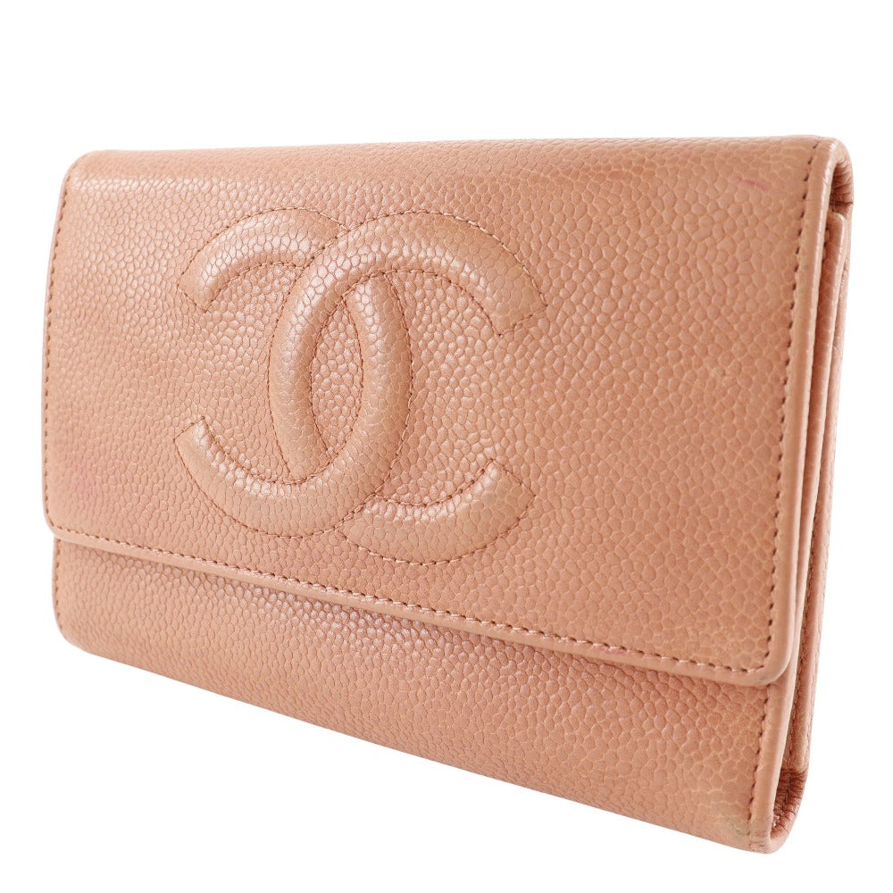 CHANEL Tri-fold wallet Caviar skin pink COCO Mark Women Used Authentic