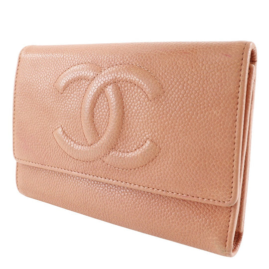 CHANEL Tri-fold wallet Caviar skin pink COCO Mark Women Used Authentic