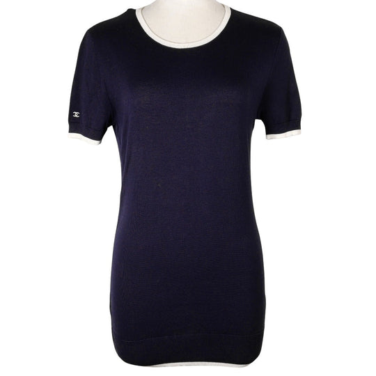 CHANEL knit P06382 cotton Navy blue 96P Short sleeve Women 38 Used Authentic