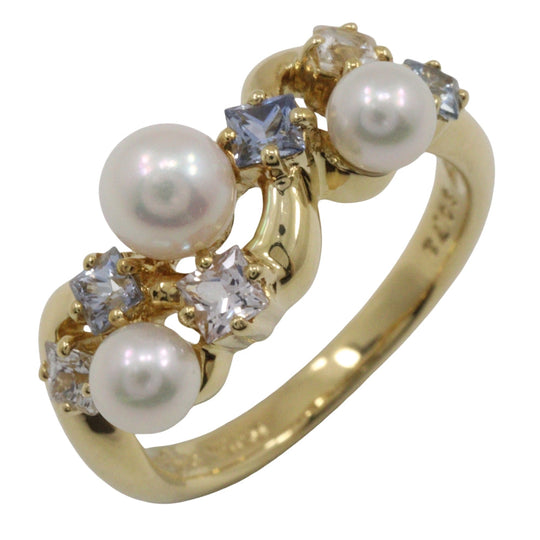 JUNE Ring K18 Yellow Gold, Diamond, Sapphire gold Baby pearl Women Used Authentic