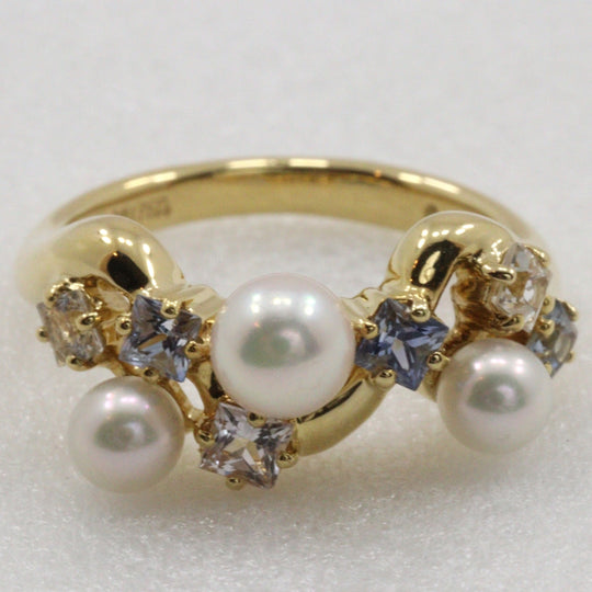 JUNE Ring K18 Yellow Gold, Diamond, Sapphire gold Baby pearl Women Used Authentic