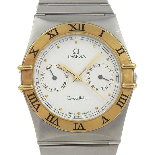 OMEGA Watches Quartz Stainless Steel, 18K Yellow Gold Silver Constellation day-date White dial Boys Used Authentic