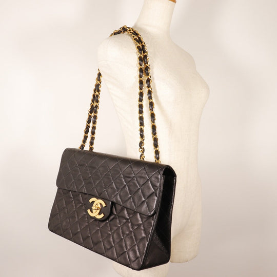 CHANEL Shoulder Bag lambskin black Double chain Deca Trasse ChainShoulder Women Used Authentic