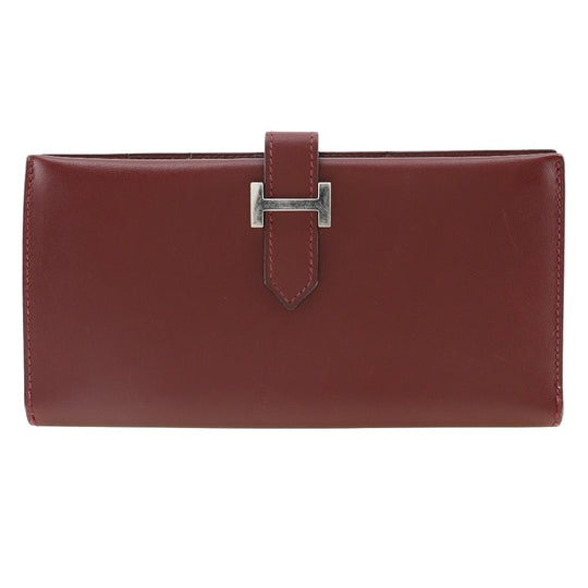 HERMES Long Wallet Purse Calfskin wine-red Bean Women Used Authentic