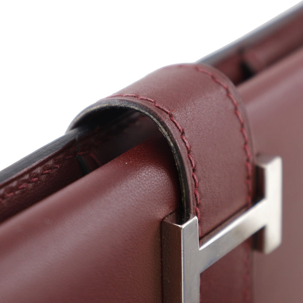 HERMES Long Wallet Purse Calfskin wine-red Bean Women Used Authentic