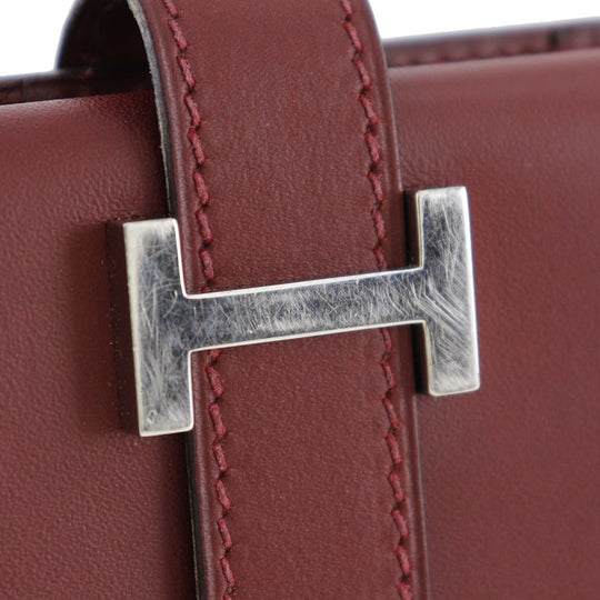 HERMES Long Wallet Purse Calfskin wine-red Bean Women Used Authentic